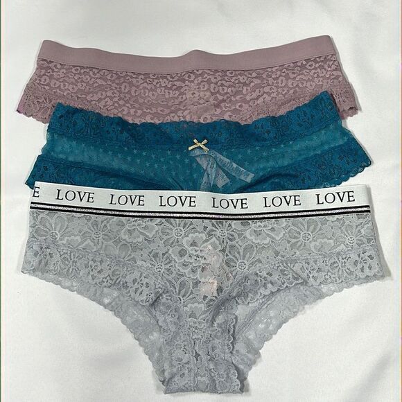 VICTORIA’S SECRET Cheeky Lace Panties 3 Pair Teal, Lilac, Blue Size L NWT - Picture 1 of 3